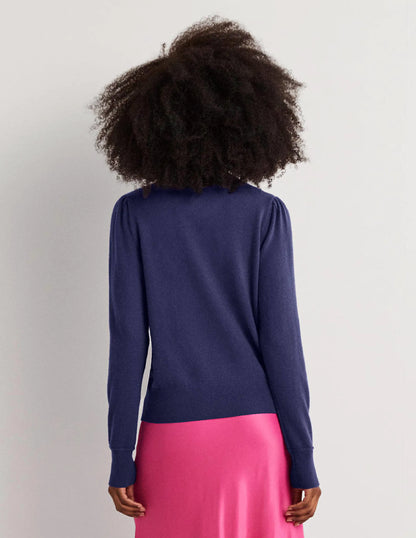 Cashmere Puff Shoulder Sweater-Navy