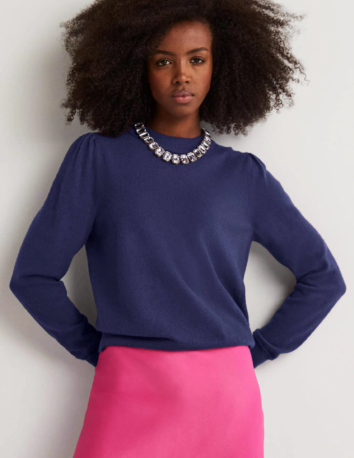 Cashmere Puff Shoulder Sweater-Navy