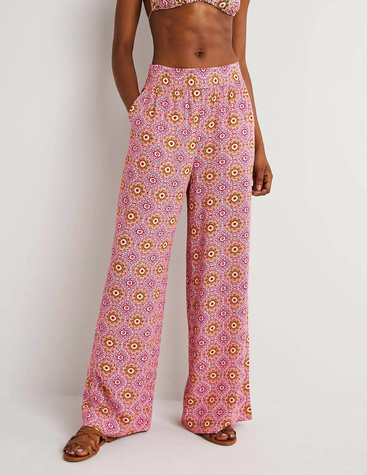 Grace Crinkle Wide Leg Pants-Milkshake, Paradise Garden