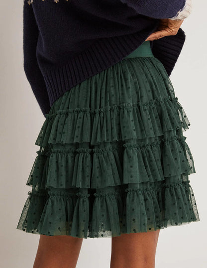 Ruffle Tulle Mini Skirt-Onyx Green