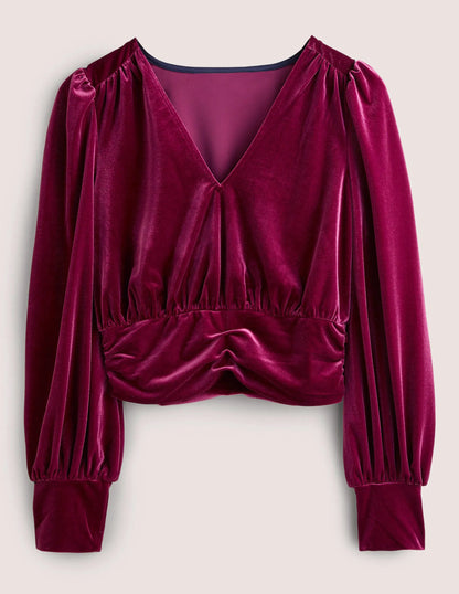 Cropped Velvet Blouson Top-Mulled Wine Purple