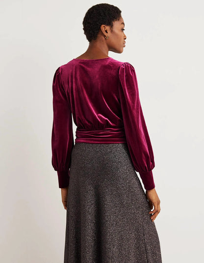 Cropped Velvet Blouson Top-Mulled Wine Purple