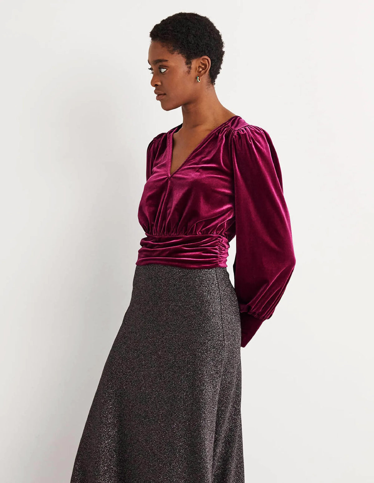 Cropped Velvet Blouson Top-Mulled Wine Purple