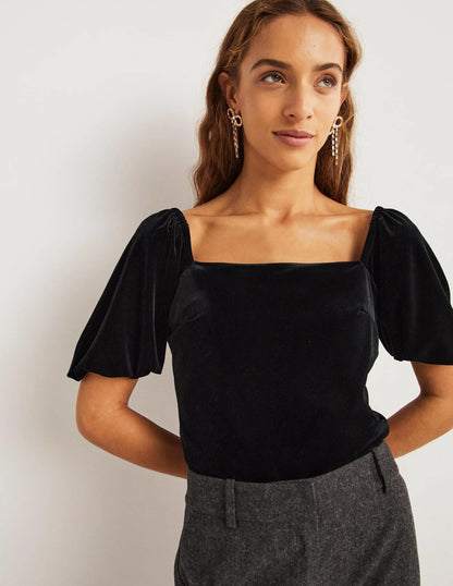 Square Neck Velvet Top-Black