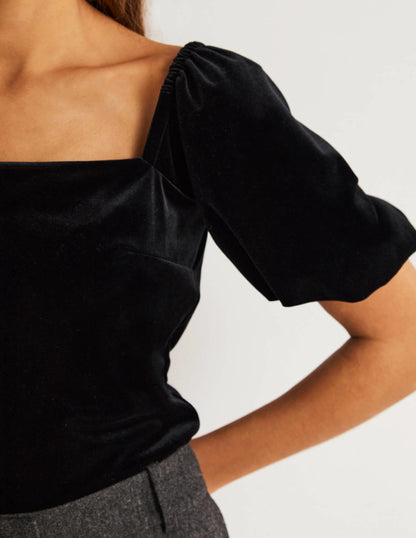 Square Neck Velvet Top-Black