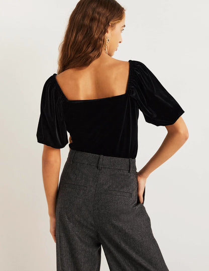 Square Neck Velvet Top-Black
