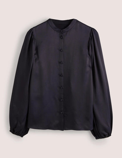 Blouson Sleeve Satin Shirt-Navy