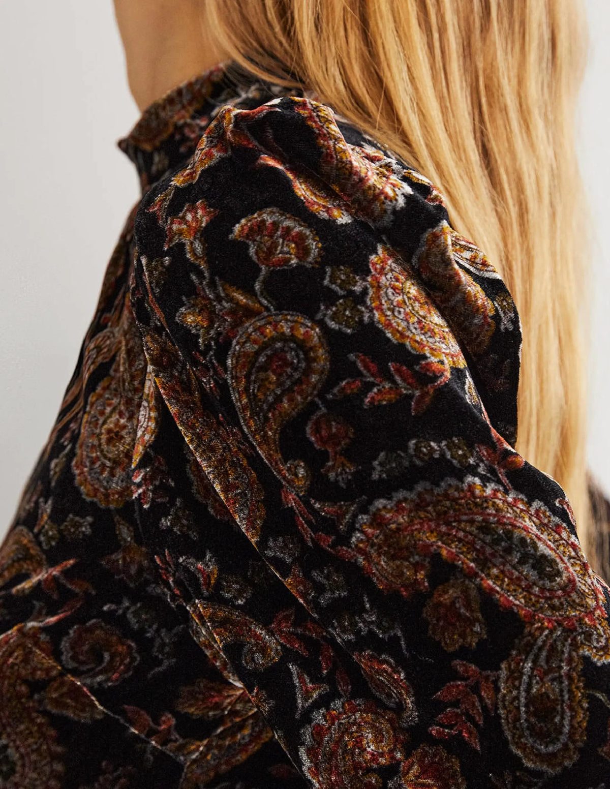 Black Paisley Mutton Sleeve Velvet Top-Black, Paisley Passion