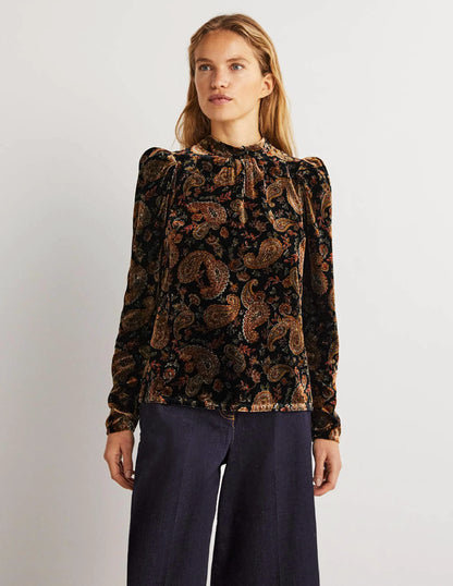 Black Paisley Mutton Sleeve Velvet Top-Black, Paisley Passion