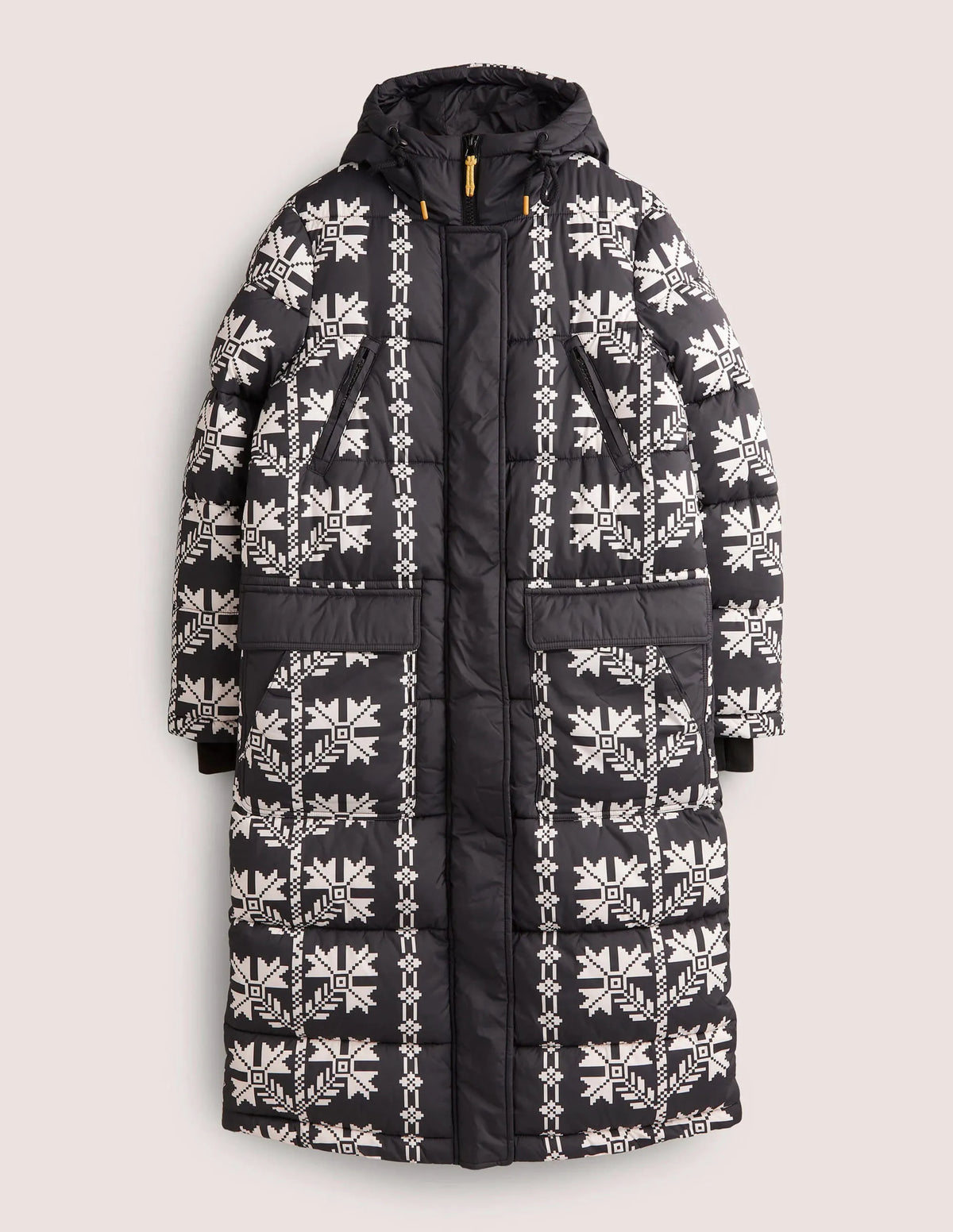 Longline Printed Puffer Coat-Black, Aztec Bloom
