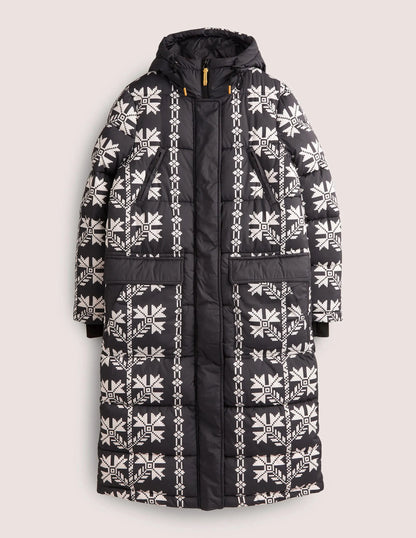 Longline Printed Puffer Coat-Black, Aztec Bloom