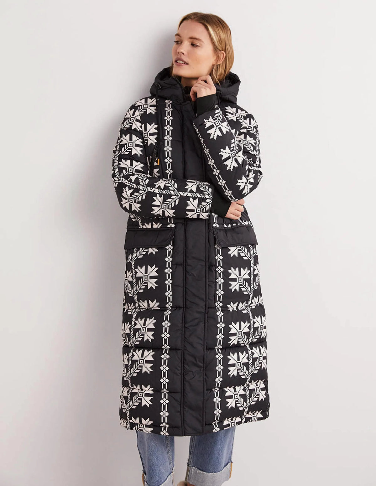 Longline Printed Puffer Coat-Black, Aztec Bloom