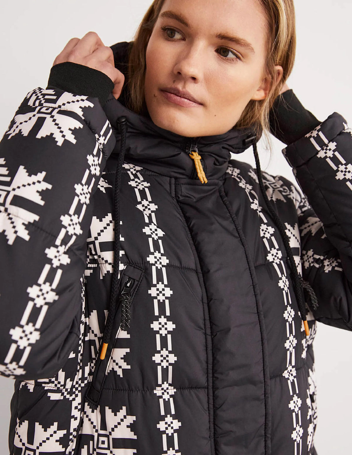 Longline Printed Puffer Coat-Black, Aztec Bloom