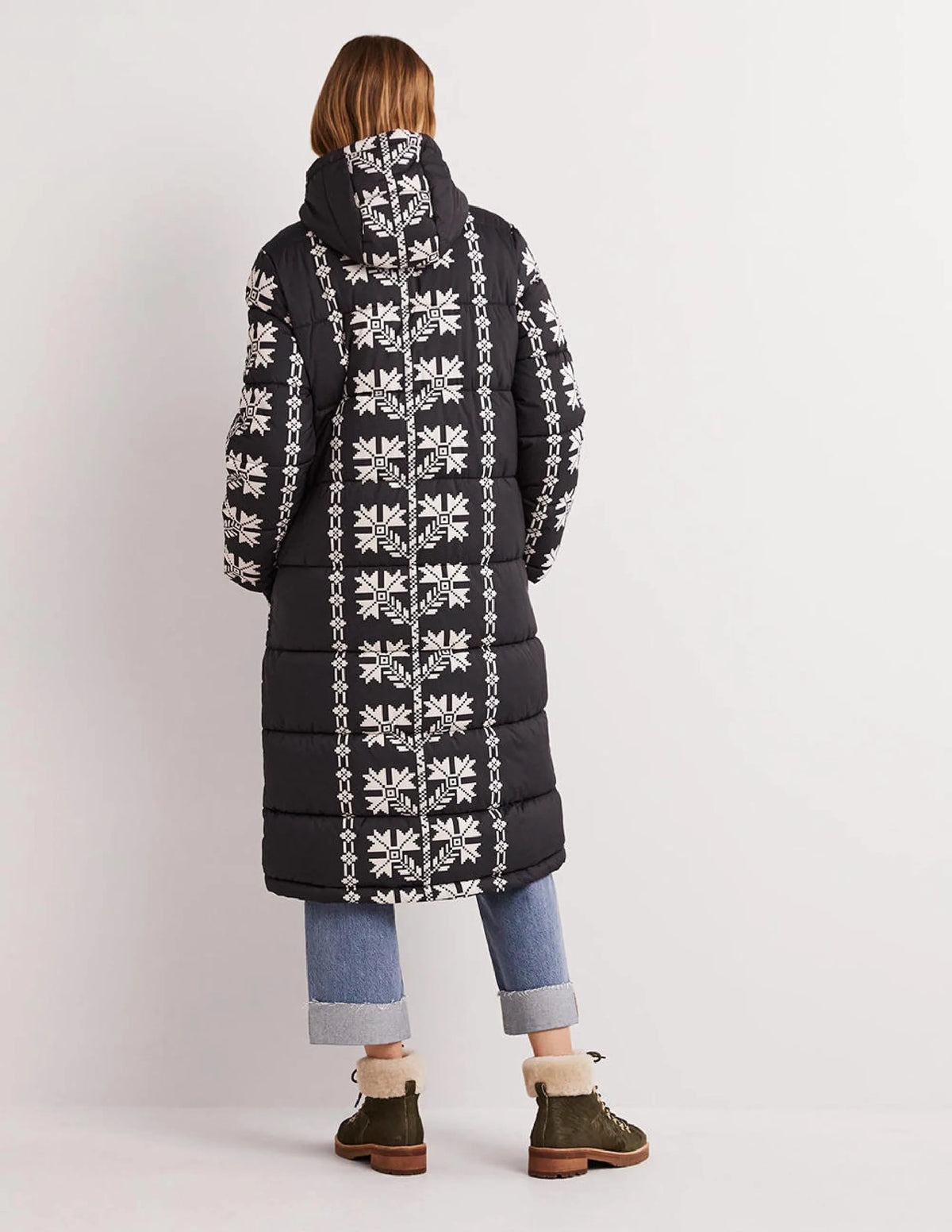 Longline Printed Puffer Coat-Black, Aztec Bloom