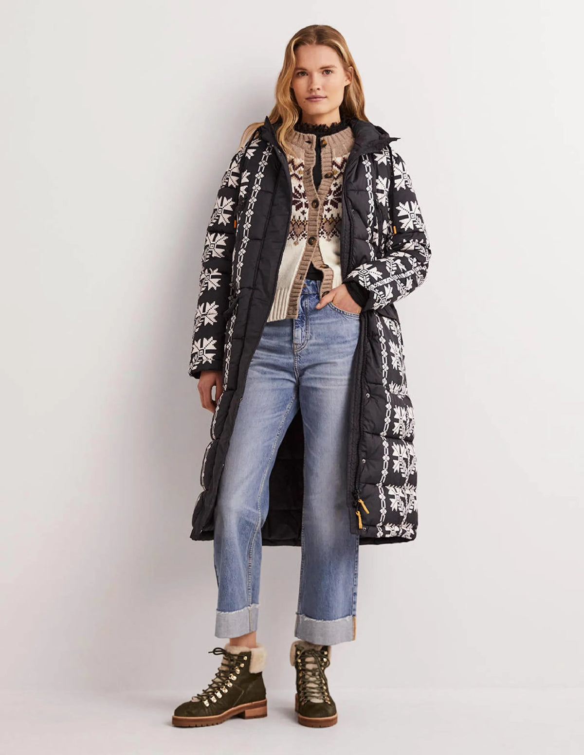 Longline Printed Puffer Coat-Black, Aztec Bloom