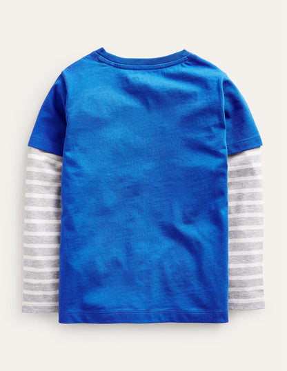 Appliqué Mock Sleeve T-Shirt-Delft Blue