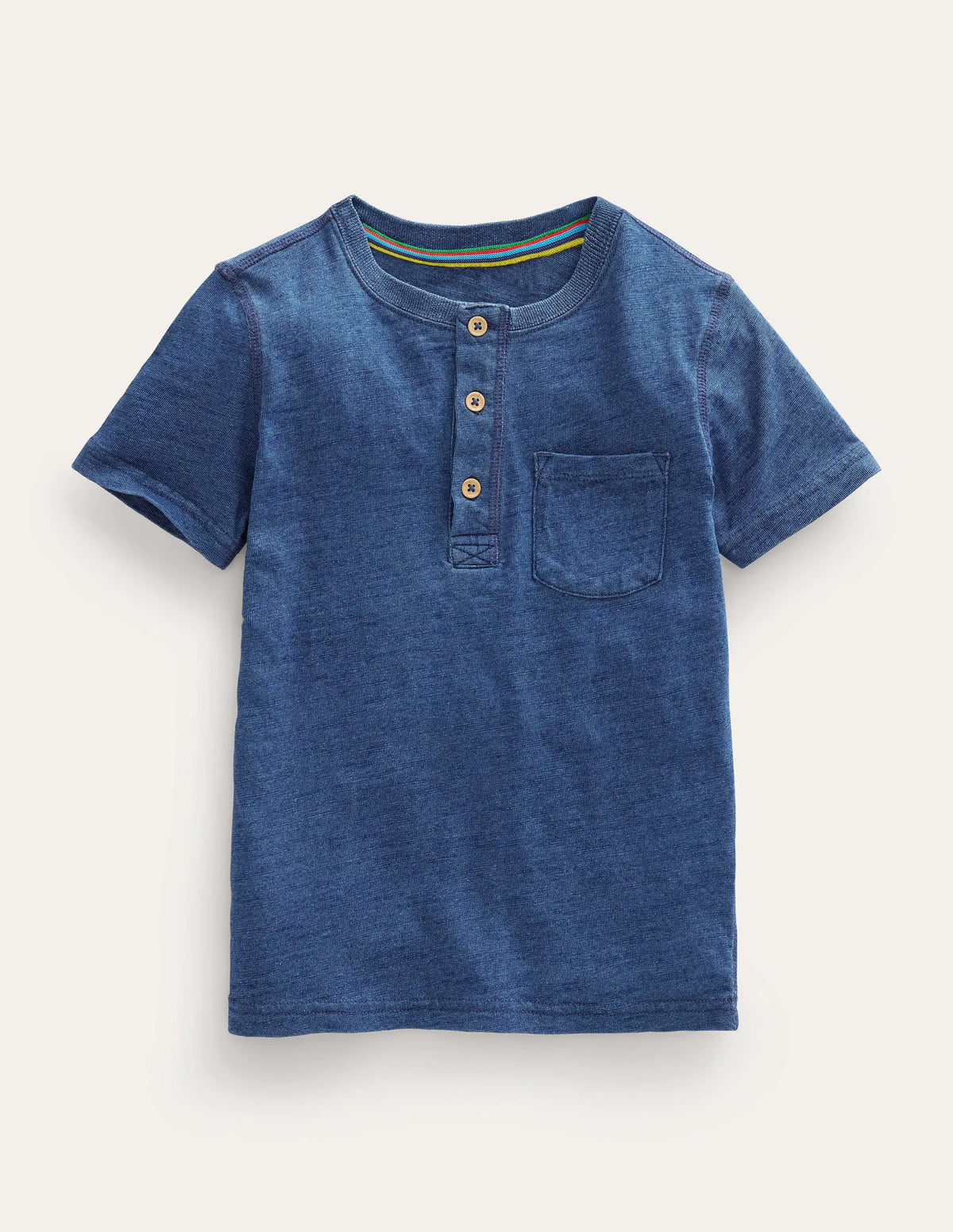 Washed Cotton Henley T-shirt-Indigo Blue