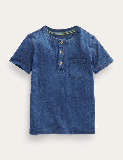 Washed Cotton Henley T-shirt-Indigo Blue