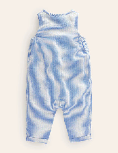 Woven Ticking Romper-Penzance Blue/Ivory Ticking