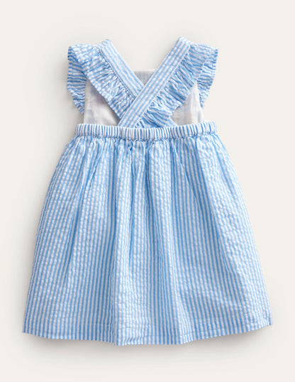 Woven Pinnie Dress-Ivory/Blue Ticking Bunny