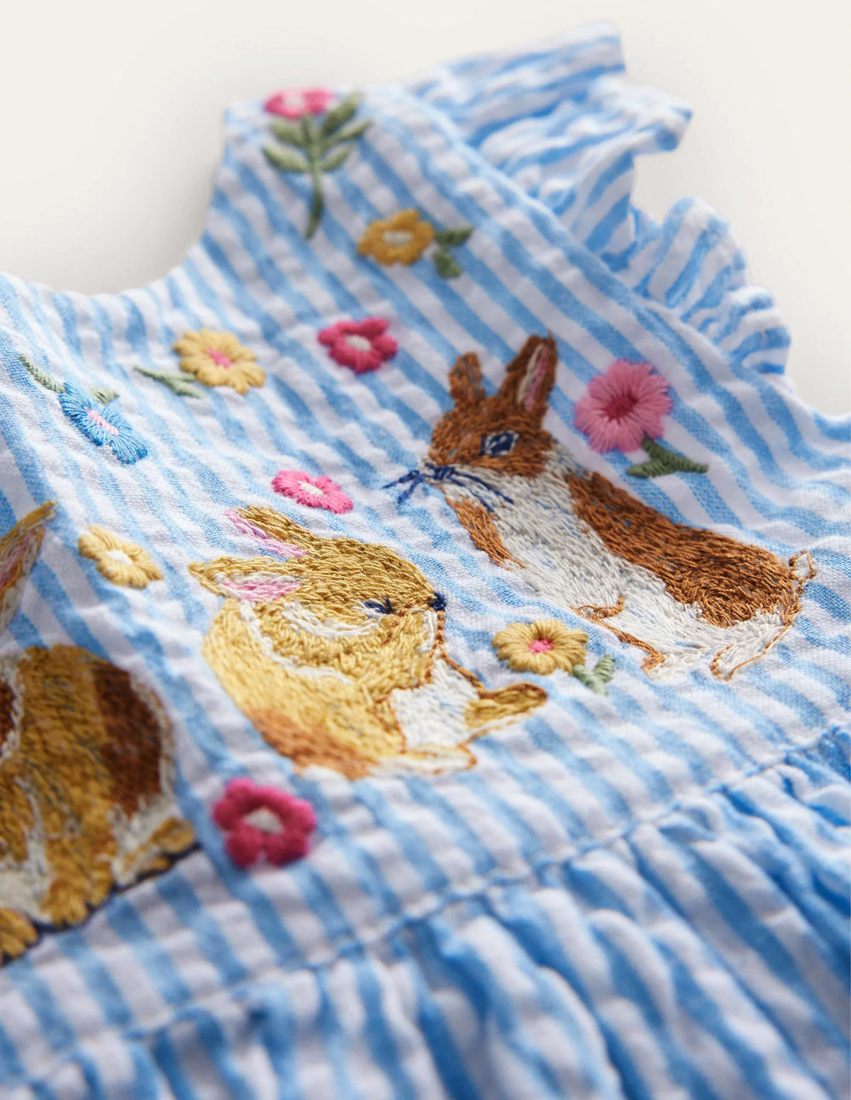 Woven Pinnie Dress-Ivory/Blue Ticking Bunny