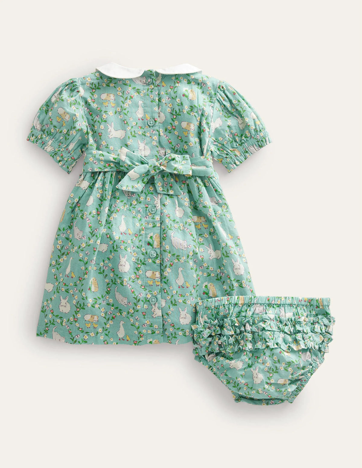 Smocked Nostalgic Dress-Ivory and Green Bunny