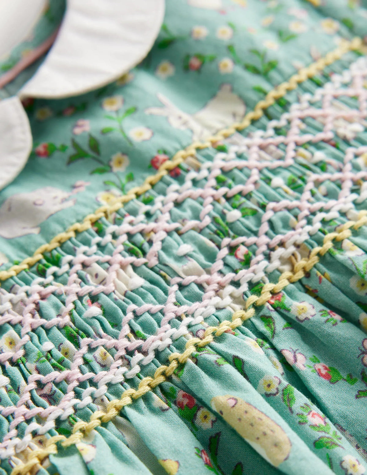 Smocked Nostalgic Dress-Ivory and Green Bunny