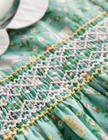 Smocked Nostalgic Dress-Ivory and Green Bunny
