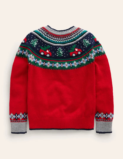 Novelty Fair Isle Sweater-Brilliant Red Trees