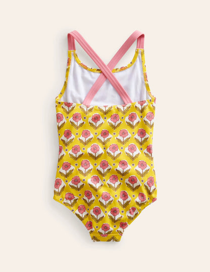 Cross-back Printed Swimsuit-Sweetcorn Woodblock Flower