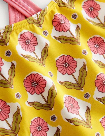 Cross-back Printed Swimsuit-Sweetcorn Woodblock Flower