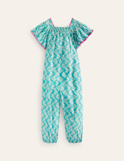 Relaxed Cotton-Poplin Romper-Delphinium Blue Floral Stamp