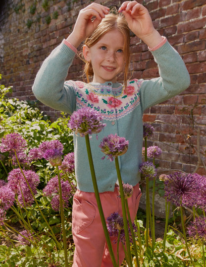 Fun Fair Isle Cardigan-Green Smoke Flowers