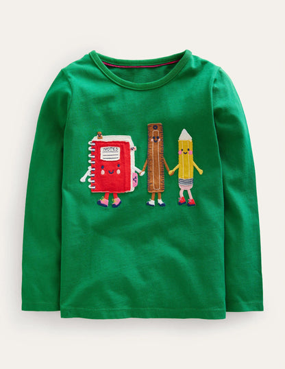 Puff Sleeve Appliqué T-shirt-Deep Green