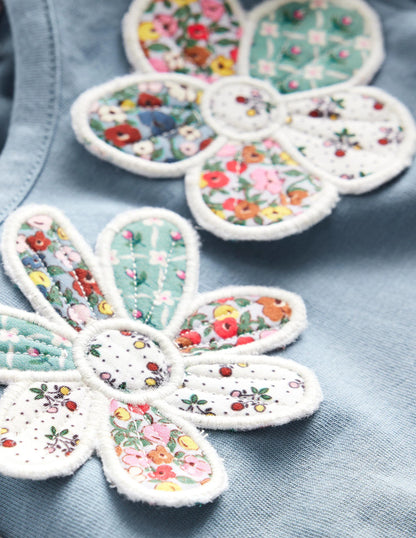 3D Appliqué T-Shirt-Pebble Blue Flowers