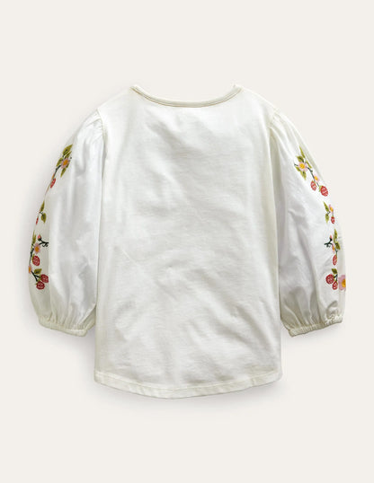 Embroidered Puff Sleeve Top-Ivory