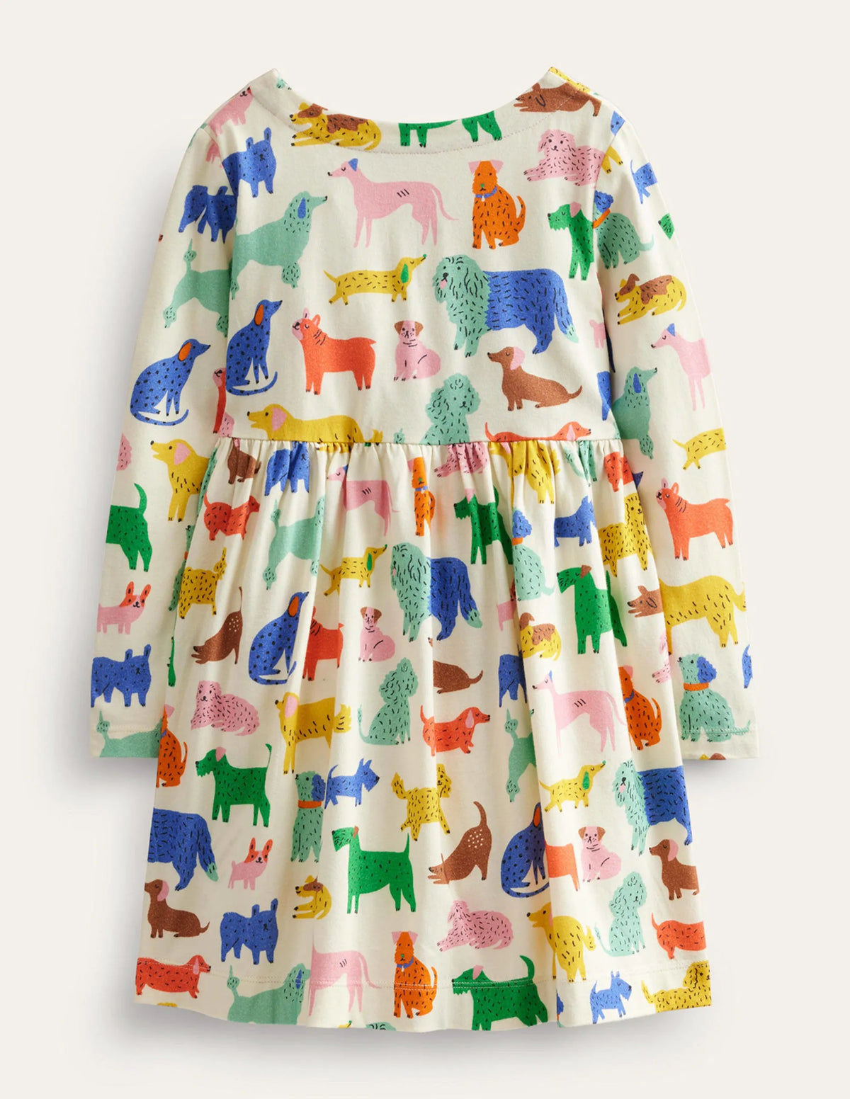 Long Sleeve Fun Jersey Dress-Ivory Playful Pups
