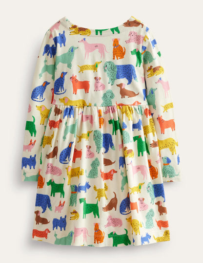 Long Sleeve Fun Jersey Dress-Ivory Playful Pups