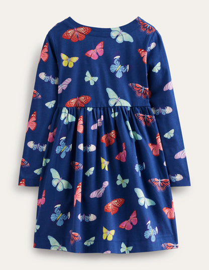 Long Sleeve Fun Jersey Dress-College Navy Butterflies