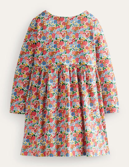 Long Sleeve Fun Jersey Dress-Multi Pups Floral