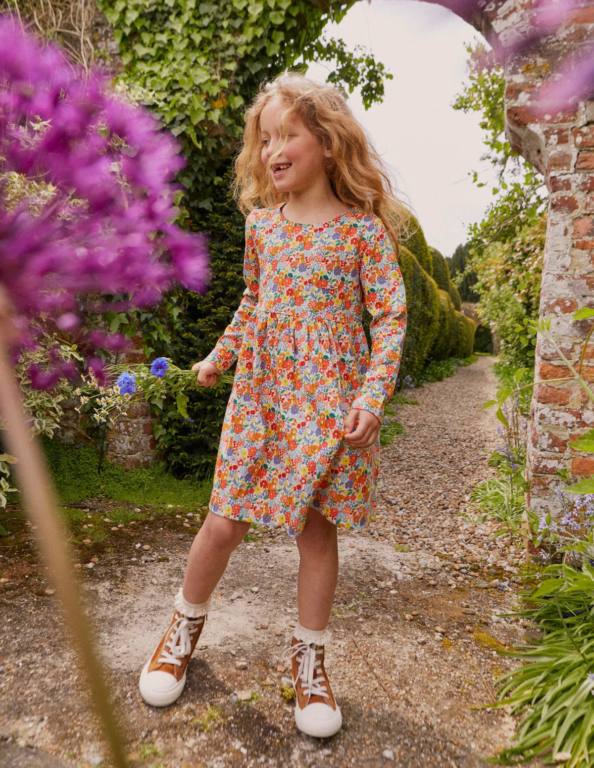 Long Sleeve Fun Jersey Dress-Multi Pups Floral