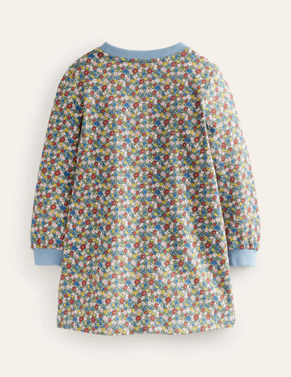 Appliqué Sweatshirt Dress-Pebble Blue Flower Dog