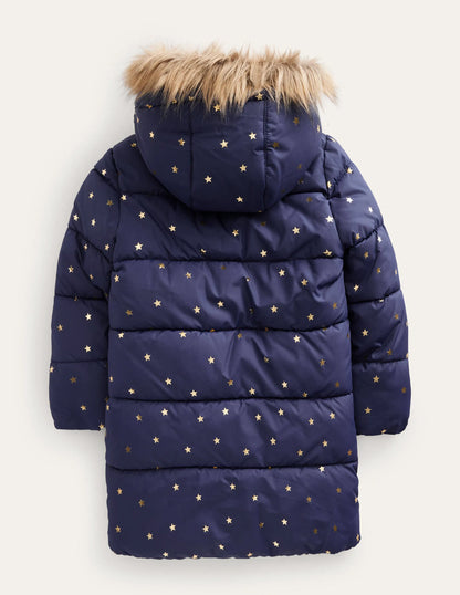 Longline Padded Coat-Navy Foil Stars