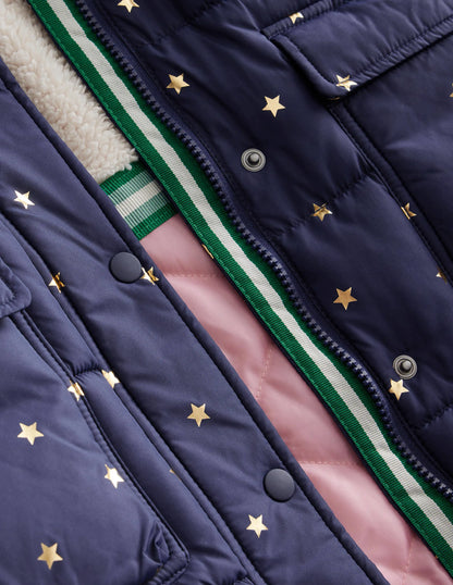 Longline Padded Coat-Navy Foil Stars