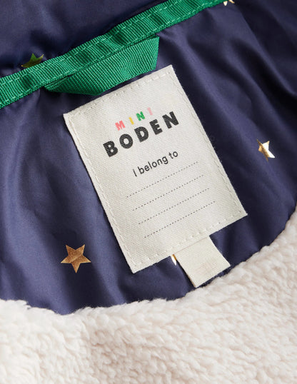 Longline Padded Coat-Navy Foil Stars