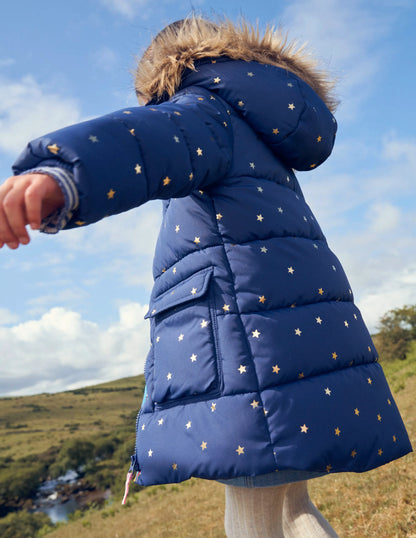 Longline Padded Coat-Navy Foil Stars
