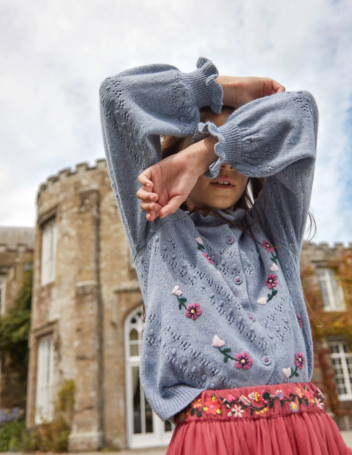 Embroidered Frill Cardigan-Pebble Blue