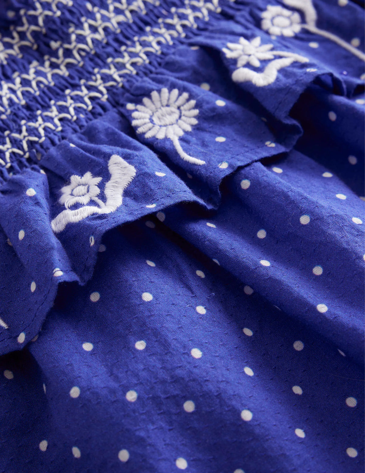 Embroidered Shirred Top-Bluing and Ivory Pin Spot