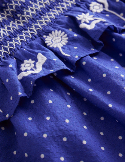 Embroidered Shirred Top-Bluing and Ivory Pin Spot