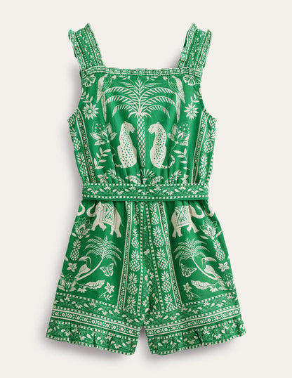 Linen-Cotton Ruffle Romper-Rich Emerald Goa